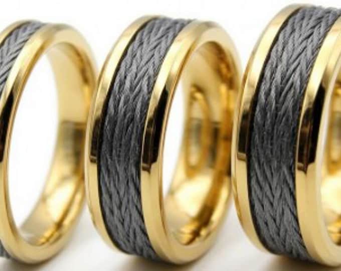 Kevlar Black Braided Line Inlaid Gold Tungsten Ring, Genuine Kevlar Line - Rings available 4 mm, 6 mm or 8 mm wide ring.