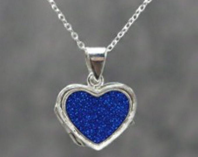 Personalised Memorial Sterling Silver Heart Locket and 18" Trace Chain Hallmarked including Ashes or Hair Inlaid With Blue Eco-glitter.