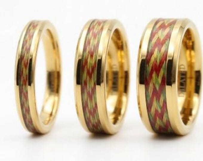 Gold Tungsten Ring with Red and Yellow Spider-Line Fishing Line Inlay - UV Glow Ring