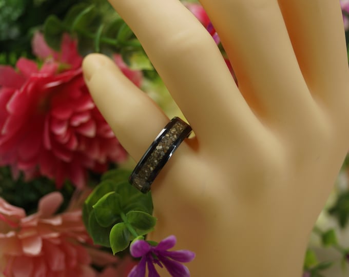 Black Ceramic ring inlaid with Natural beach Sand Wedding Band 4 mm, 6 mm or  8 mm Wide Rings - Unique Ring