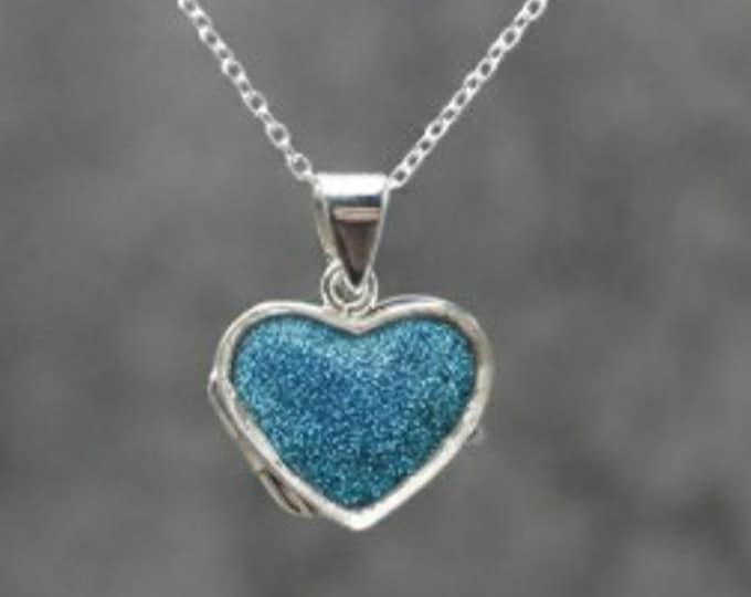Personalised Sterling Silver Heart Locket with Blue-Green Eco-Glitter Ashes or Hair Memorial Necklace 18"