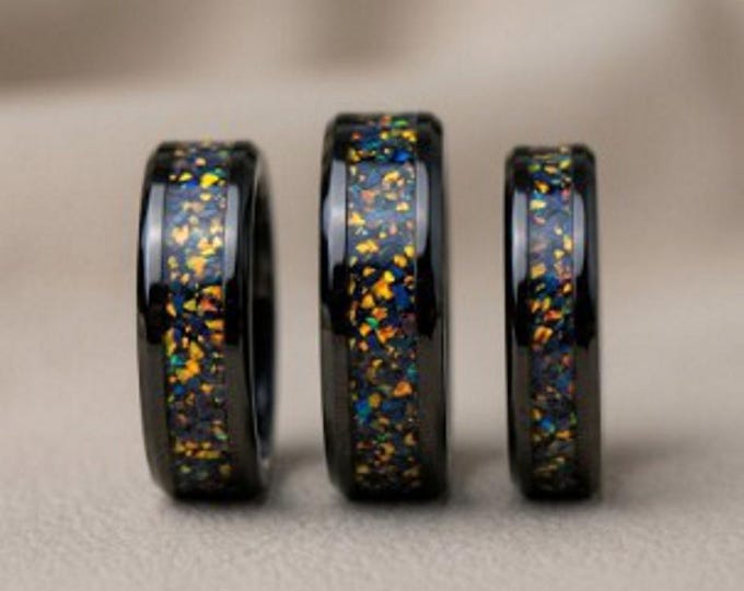Black Opal #2 Black Ceramic Wedding Band: Unique Ring