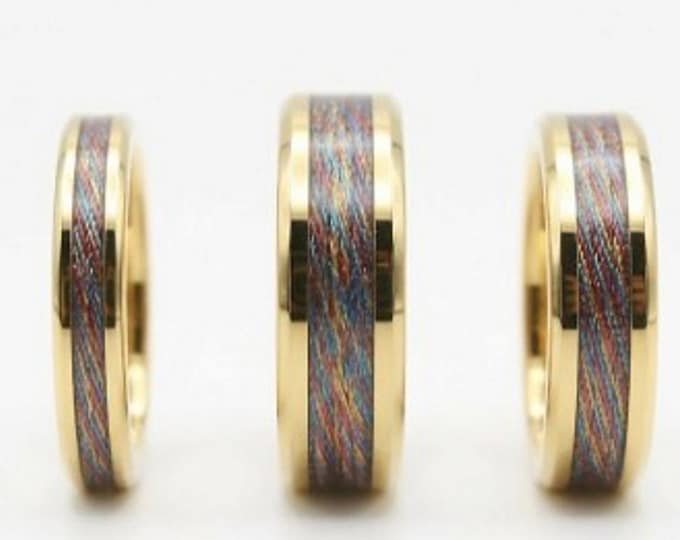 Multi-Colour Metalic Thread Inlay Gold Tungsten Ring - Available 4mm, 6mm or 8mm wide