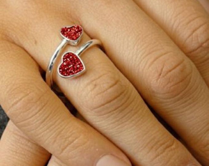 Personalised Sterling Silver Double Heart Ring including Ashes or Hair Inlaid With Red Eco-Glitter
