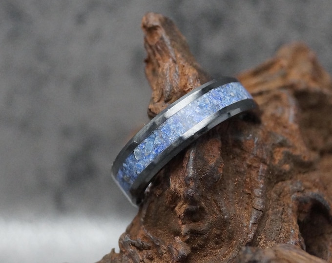Black Ceramic ring inlaid with Natural Blue Lapis Lazuli Wedding Band 4 mm, 6 mm or 8 mm wide ring - Unique Ring