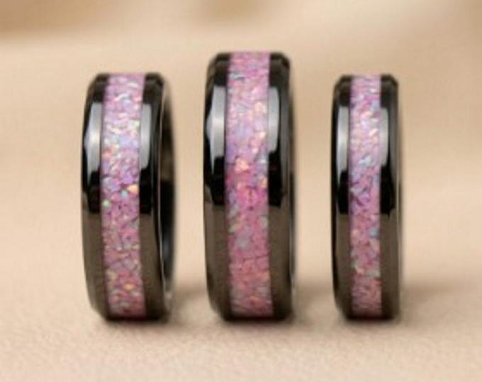 Rose Pink Opal Black Ceramic Wedding Band: Unique Ring