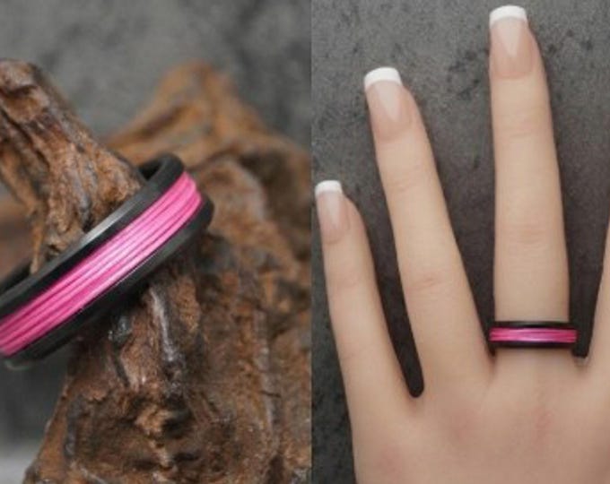 Pink fishing Line Black Ceramic ring inlaid with Genuine fishing Line - 4 mm, 6 mm or 8 mm wide ring.