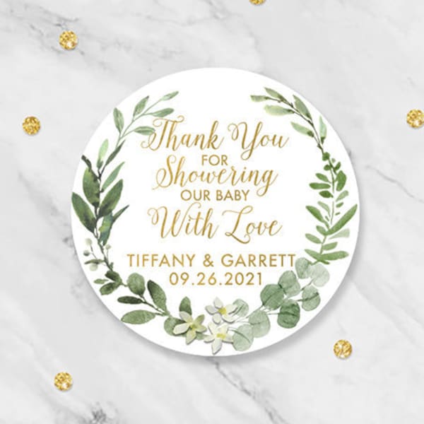 Wreath Thank You Showering Our Baby With Love Stickers, Greenery Baby Shower Sticker,Rustic Leaves Favor Labels,Wreath Thank You Favor Label
