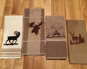MOOSE Dish Towel Set Plaid Embroidered Off White Brown Maroon Kitchen Cotton 3