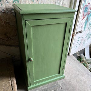 May include: A rectangular wooden cabinet painted in a solid matte sage green finish. The cabinet features a single vertical door with a small, round, matching green knob centred on the right side. The structure has a flat top and a base moulding.
