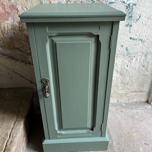 May include: A sage green cabinet with a single door and a decorative handle. The cabinet has a rectangular shape with a slightly angled top. The door features a recessed panel design. The cabinet is painted in a matte finish.