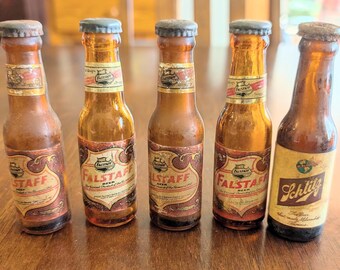 Lot von 5 Miniatur Braunglas Bierflaschen mit deckel 4 "Schlitz & Falstaff