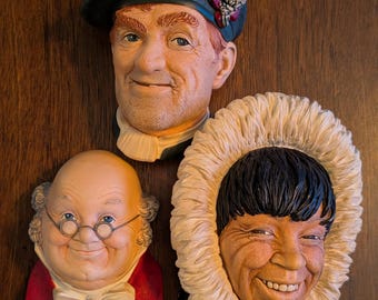 Chalkware Wall Art Bossuns England 1960-70 Lot of 3 Jock, Inuit Man, Mr. Pickwick C1