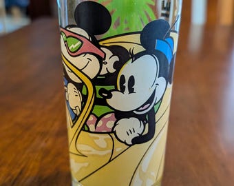 Rare Vintage Walt Disney Mickey Mouse And Minnie Drinking Glass Driving Car 1980