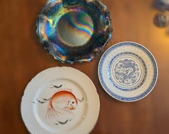 Vintage Decorative Plates Lot (3) Iridescent depression glass, Porcelain from China, Koi fish Japan KB1