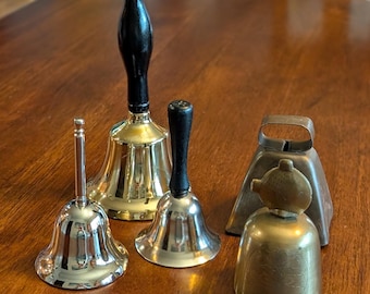 Decorative Hand Bells  lot of 5. Brass, silver & gold. Various sizes. KB1