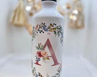 Floral Inital Wreath Reusable 600ml Metal Water Bottle Personalised Floral Wreath Initial Water Bottle