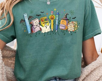 Spooky School Supplies Halloween Teacher Shirt, Comfort Colors Spooky Teacher Tee, Ghost Crayon Art Teacher Shirt, Fall Educator Gift
