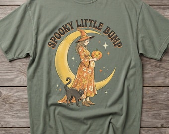 Spooky Little Bump Shirt, Comfort Colors Halloween Tee, Retro Witch Pregnancy Shirt, Autumn Baby Reveal Tee, Witchy Expecting Parent Gift