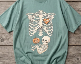 Skeleton Baby Pumpkin Shirt, Comfort Colors Maternity Tee, Spooky Expecting Mother Gift, Fall Baby Reveal Shirt, Expecting Mama October Tee