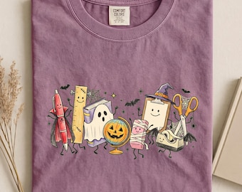 Spooky School Supplies Shirt, Comfort Colors Teacher Tee, Halloween Educator Gift, Vampire Pen Shirt, Ghost Book Tee, Mummy Eraser Gift