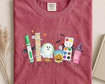 Spooky School Supplies Shirt, Comfort Colors Teacher Tee, Halloween Classroom Shirt, Ghost Globe Educator Gift, Trick Or Teach Fall Tee