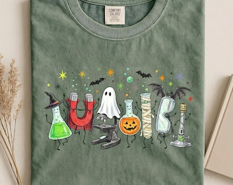 Halloween Science Teacher Shirt, Comfort Colors Spooky Season Tee, Ghost Microscope Laboratory Gift, Frankenstein Bunsen Burner Shirt