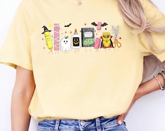Spooky School Supplies Shirt, Comfort Colors Halloween Tee, Witch Highlighter Shirt, Frankenstein Notebook Tee, Elementary Teacher Gift