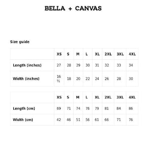 Puede incluir: Tabla de tallas para camisetas Bella + Canvas, que muestra las medidas en pulgadas y cent&iacute;metros para las tallas XS a 4XL.