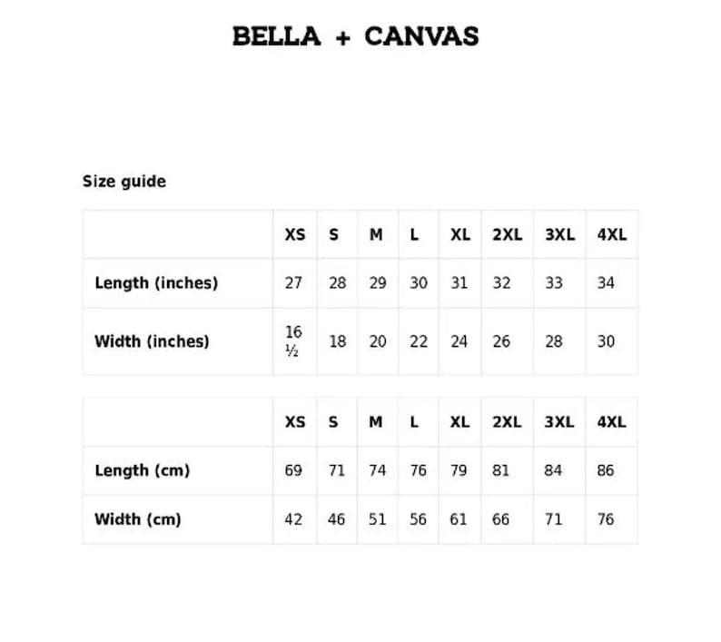 Puede incluir: Tabla de tallas para camisetas Bella + Canvas, que muestra las medidas en pulgadas y cent&iacute;metros para las tallas XS a 4XL.