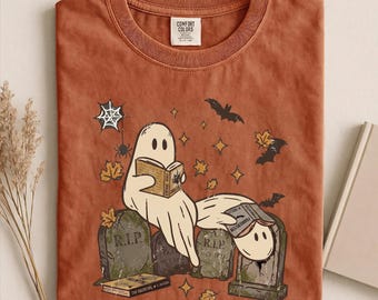 Comfort Colors® Bookish Ghost Shirt, Ghosts Reading Graveyard Tee, Gothic Classics Halloween Shirt, Spooky Season Book Lover Gift Tee