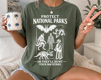 Protect National Parks Shirt, Spooky Season Skeleton Halloween Tee, Comfort Colors® Vintage Horror Graphic Shirt, Outdoor Camping Gift Tee