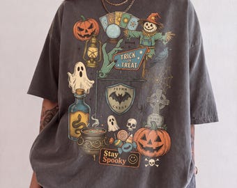 Vintage Halloween Comfort Colors® Shirt, Trick Or Treat Icons Collage Tee, Stay Spooky Witchy Shirt, Scarecrow Tarot Graphic Halloween Gift