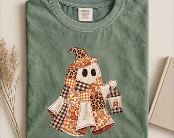 Comfort Colors Faux Patchwork Ghost Shirt, Checkered Ghost Halloween Tee, Coquette Ghost Gift, Cute Fall Pumpkin Ghost Tee, Halloween Gift