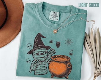 Mummy Witch Halloween Shirt, Comfort Colors® Spooky Season Tee, Cauldron Skeleton Fall Shirt, Womens Halloween Gift, Trick or Treat Tee