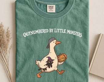 Outnumbered By Little Monsters Comfort Colors® Shirt, Silly Goose Halloween Tee, Witchy Cat Goose Shirt, Funny Mom Gift, Spooky Season Tee