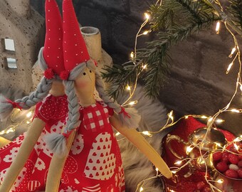 Tilda Pixie Girl, Handmade Winter Fairy, Scandinavian Christmas doll, Santa Helper, Festive Red Pixy