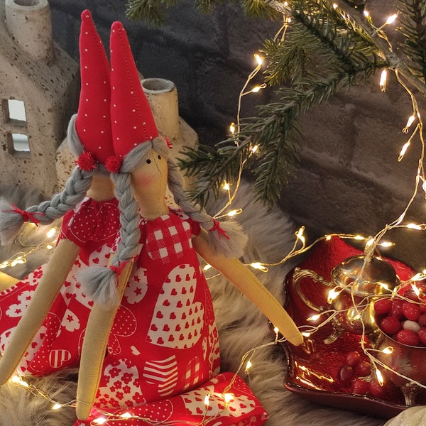 Tilda Pixie Girl, Handmade Winter Fairy, Scandinavian Christmas doll, Santa Helper, Festive Red Pixy