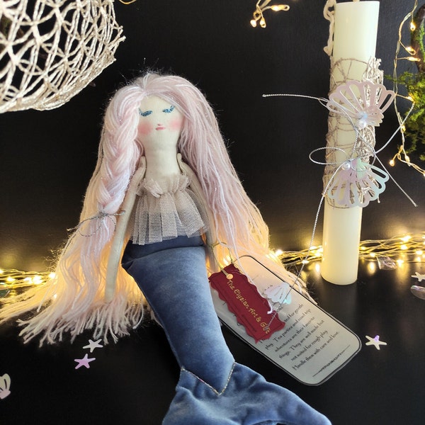 Greek Easter Candle with Velvet Mermaid Doll, Handcrafted Easter Lambada, Pascha Gift Set for Girls and Goddaughters