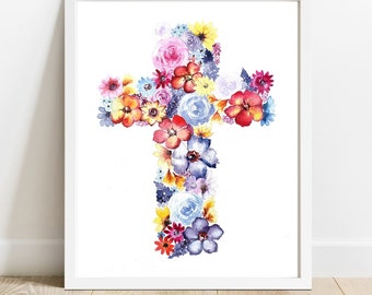 Cross Floral Watercolor Art Print - Etsy