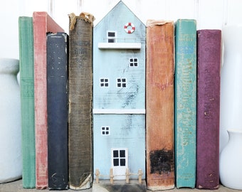 Book Nook Whimsical House | Beach House Book Nook | Rustic Library Bookshelf Decor | Book Lovers Gift