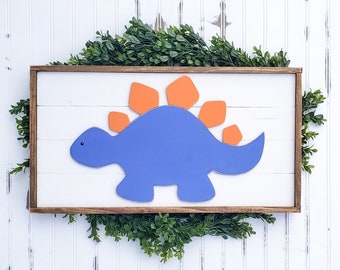 Customizable Stegosaurus Wall Art | Boys Room Decor | Baby Boy Nursery | Blue and Orange Dinosaur Sign | Scroll Saw Art