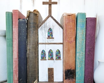 Book Nook Whimsical House | Country Church Book Nook | Rustic Library Bookshelf Decor | Book Lovers Gift