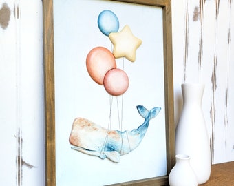 Whimsical Whale with Balloons | Watercolor Inspired Hand Carved Wood Sign | Nautical Fantasy Original Artwork