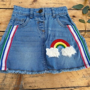 Age 3-4 children's kid's denim skirt clothes upcycled handmade rainbow design babygotback one of a kind third birthday gift