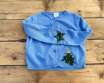 9-12 months baby toddler children's kid's clothes cardigan knitwear upcycled handmade sustainable one of a kind frog prince baby shower gift