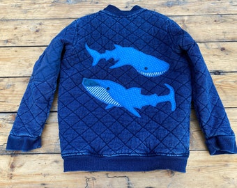 Age 7-8 children's kid's quilted denim jacket clothes upcycled handmade whale shark babygotback one of a kind seventh birthday gift