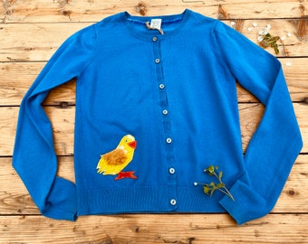 Age 11-12 children's kids clothes cardigan knitwear Easter chick handmade upcycled sustainable vintage fabric one of a kind gift