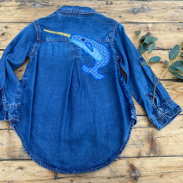 Age 4-5 children's kid's denim shirt clothes upcycled handmade narwhal nautical babygotback personalised one of a kind fourth birthday gift