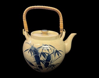 Handcrafted Thrown Ceramic Bamboo Teapot  - With Free Hand Bamboo Art - Vintage Japanese Teapot